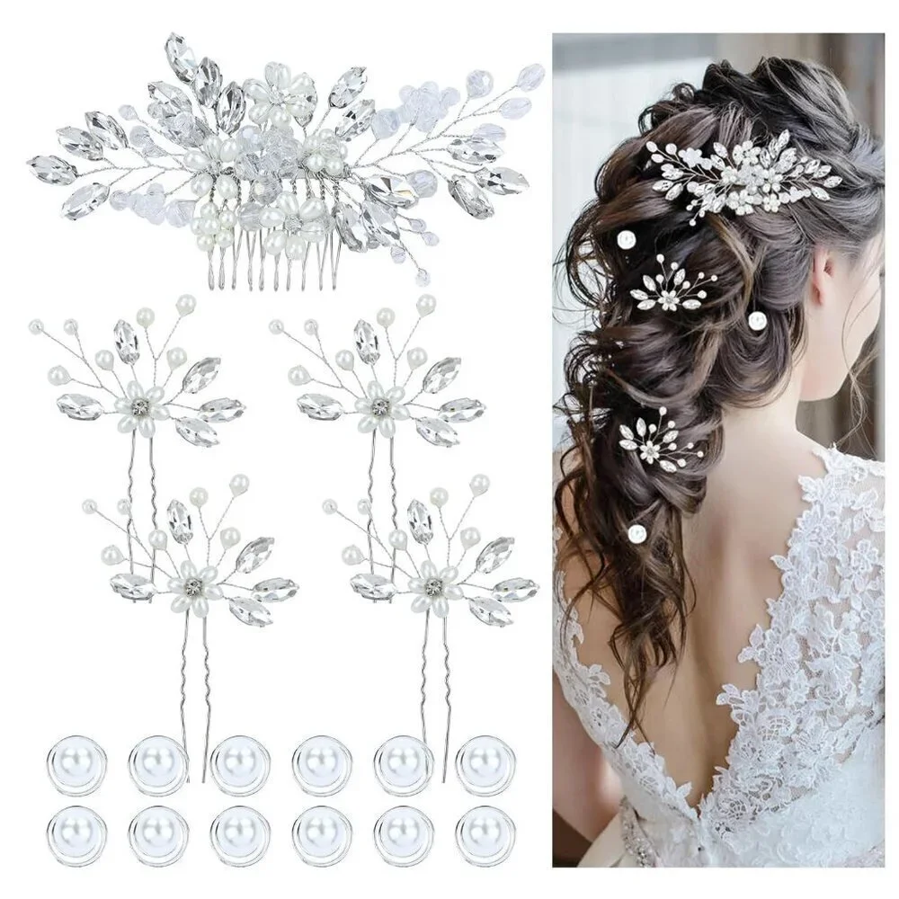 17 Pieces Silver Metal Crystal Rhinestone Pearl Bridal Wedding Hair Side Combs S